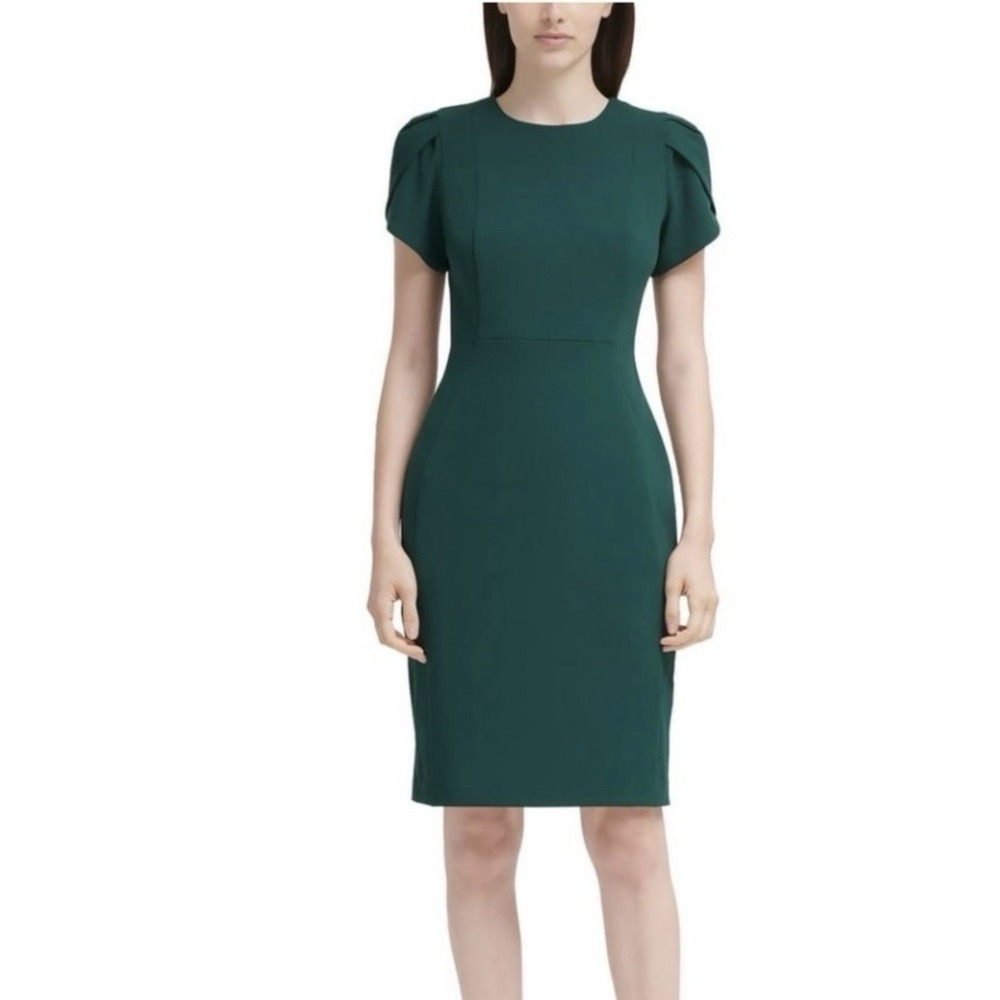 Calvin Klein Dark Green Tulip Sleeve Stretch Crepe Sheath Dress Size 6